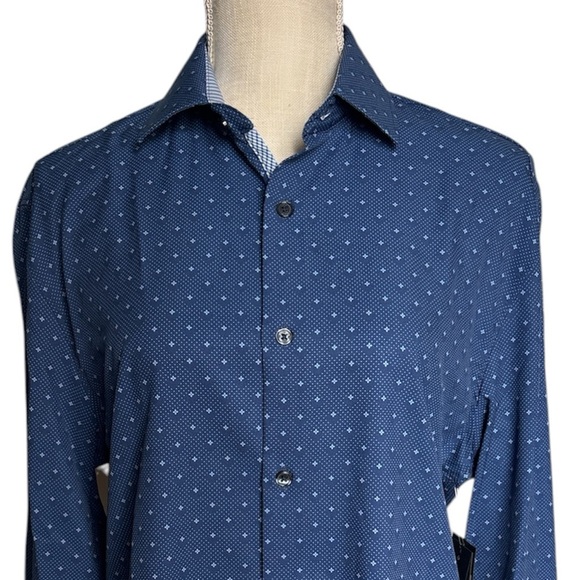 WRK Men’s 4 Way Stretch Slim Fit Dress Shirt in Blue Diamond Dot Size 15.5 NWT - Picture 1 of 9